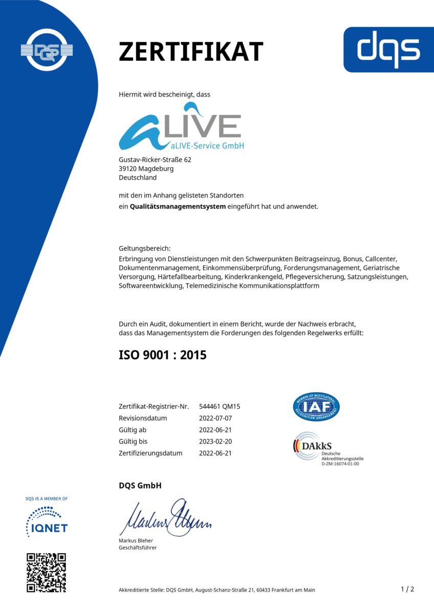 ISO 9001 Zertifikat Qualitätsmanagement QMS